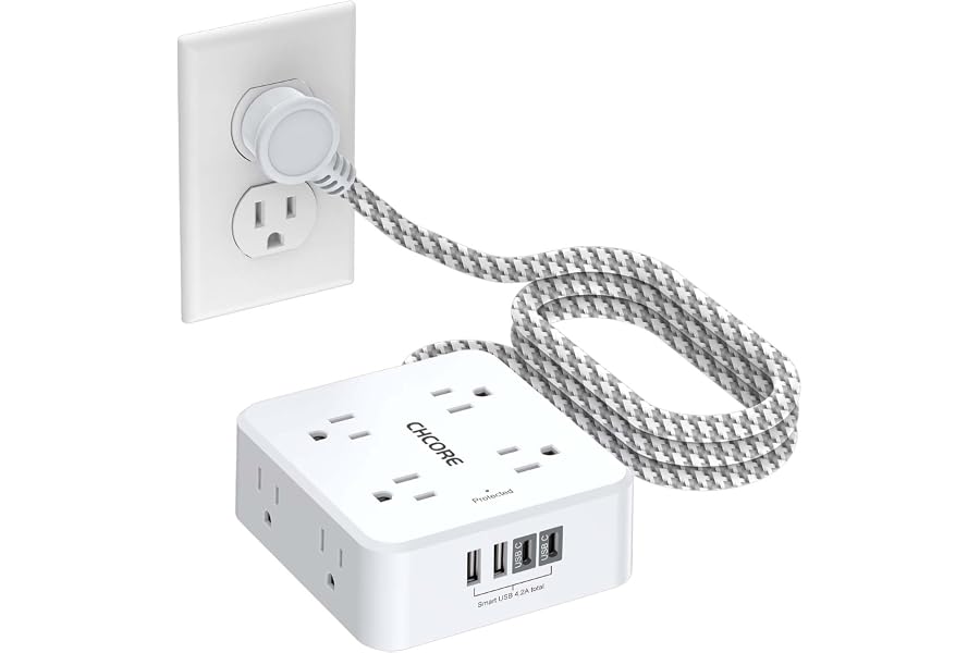 Surge Protector Power Strip - CHCORE 5Ft Braided Extension Cord with 8 Outlets with 4 USB (2 USB C) Charging Ports, Flat Plug