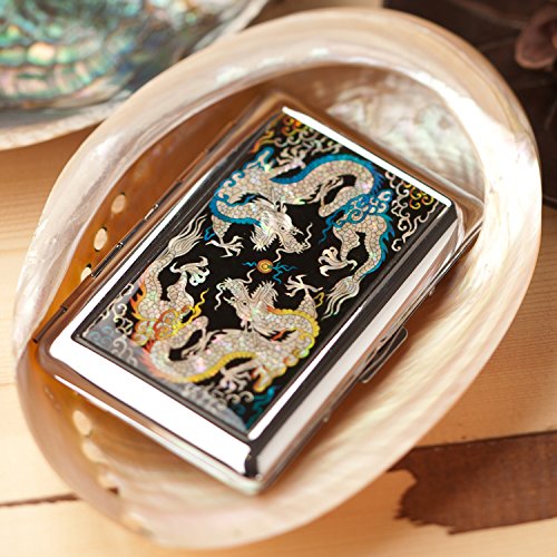 Antique Alive Mother of Pearl Yellow and Blue Dragon Design Engraved Metal Stainless Steel Cigarette Holder Case Storage Box (C102) - Thumbnail 3