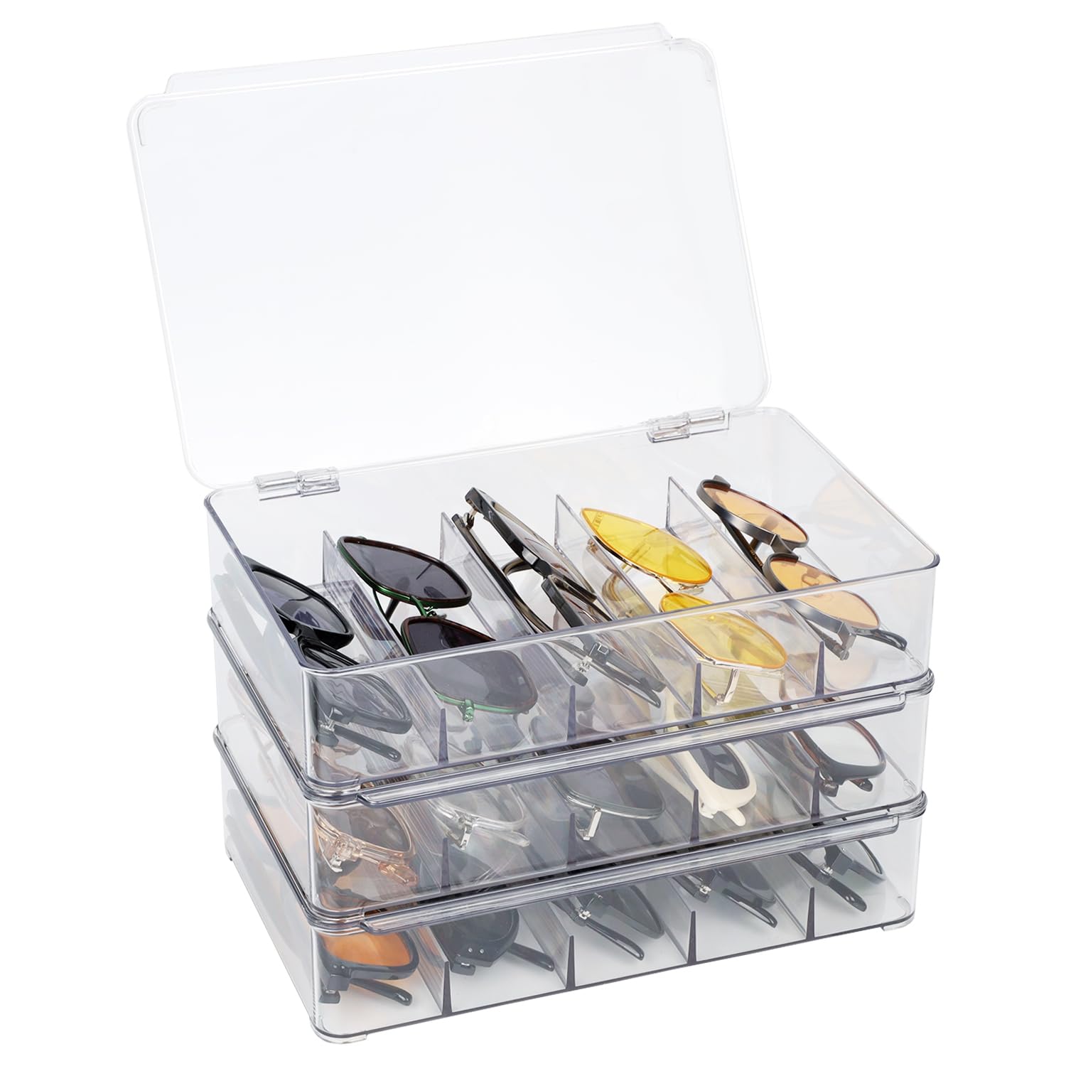 Photo 1 of FORUP Sunglasses Organizer, Plastic Stackable Eyeglass Case Storage Organizer, Sunglass Glasses Storage Box with Hinged Lid, 5 Sections, 3 Pack, Clear