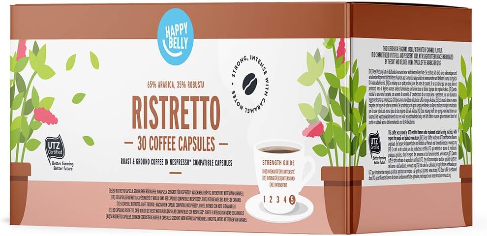 Amazon Brand- Happy Belly Ristretto Roast & Ground UTZ Coffee in Nespresso compatible compostable capsules, 30 capsules (3x10)