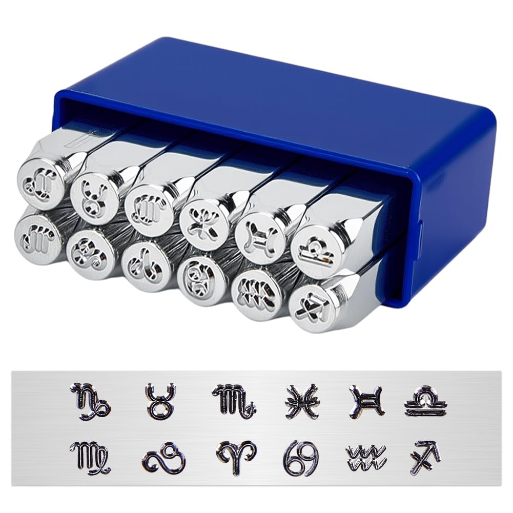 BENECREAT 12 Packs (6mm 1/4") Constellations Theme Matte Design Metal Stamp Punches with Tool Case for Jewelry Wood Stamping