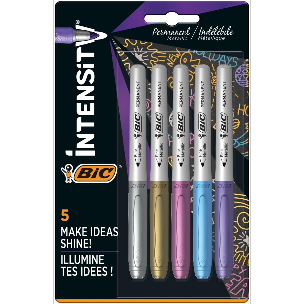BIC Metallic Permanent Markers - Pack of 5 - Variety of Metallic Colours - For Dark and Light Surfaces - Low Odour (assorted model)