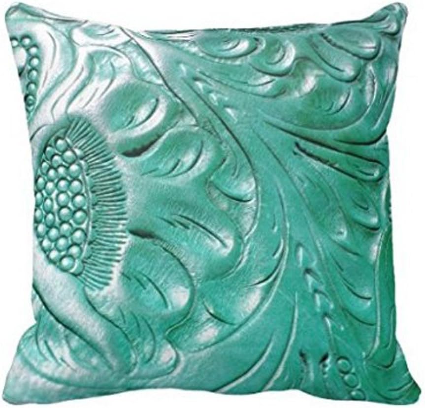Decorpillows Tooled Western Turquoise Leather Look Throw Pillow Cover 18" x 18"