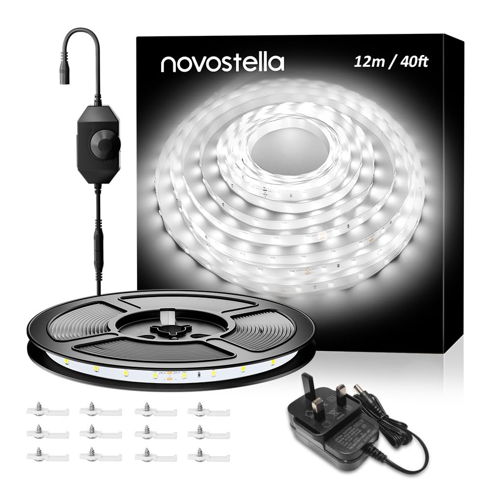 NOVOSTELLA White LED Strip Lights, 12m 6000K Dimmable LED Light Strip for Bedroom, 672 LEDs, 24V Bright Daylight White Flexible Tape Lights, Under Cabinet Rope Lighting for Kitchen Vantiy Mirror