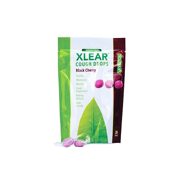 XLEAR XYLITOL SUGAR-FREE COUGH DROPS FOR ADULTS AND KIDS, SUGARLESS DRY MOUTH LOZENGES FOR SORE THROAT RELIEF, NON-GMO, GLUTEN-FREE, NATURAL BLACK CHERRY, 30 COUNT (PACK OF 1)