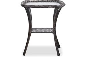 HUMMUH Patio Wicker Side Table Outdoor, Rattan End Table Glass Top Coffee Table with Storage Brown