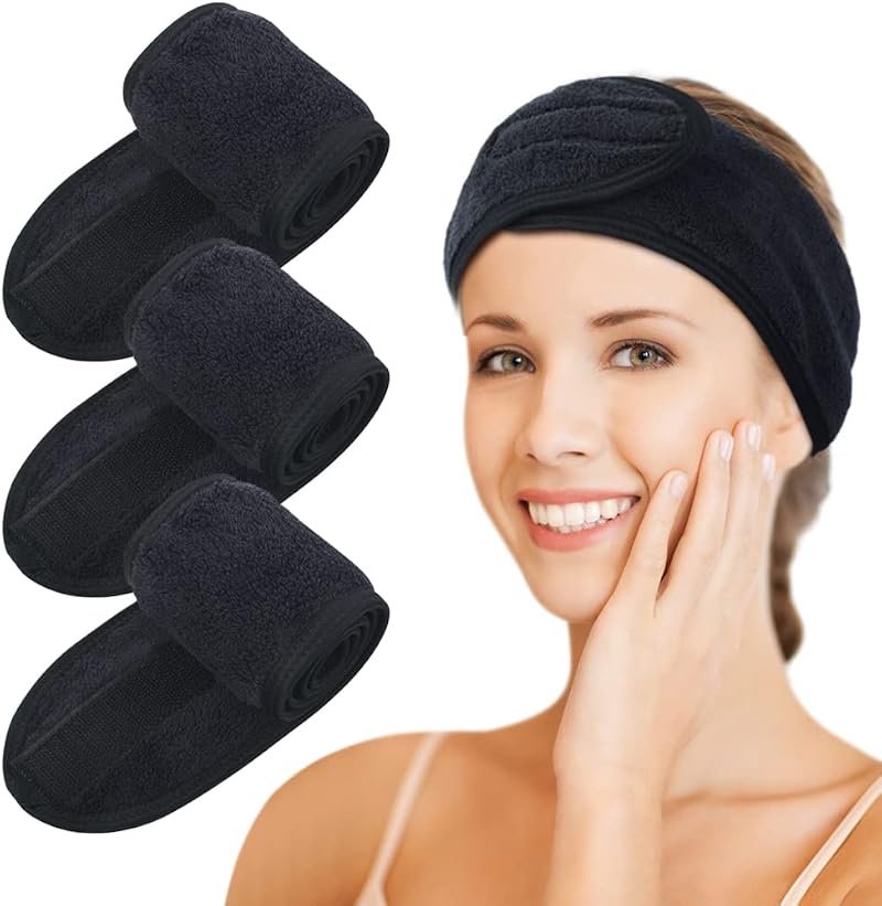 KinHwa 3 Pack Spa Facial Headband Microfibre Adjustable Hair Band Black