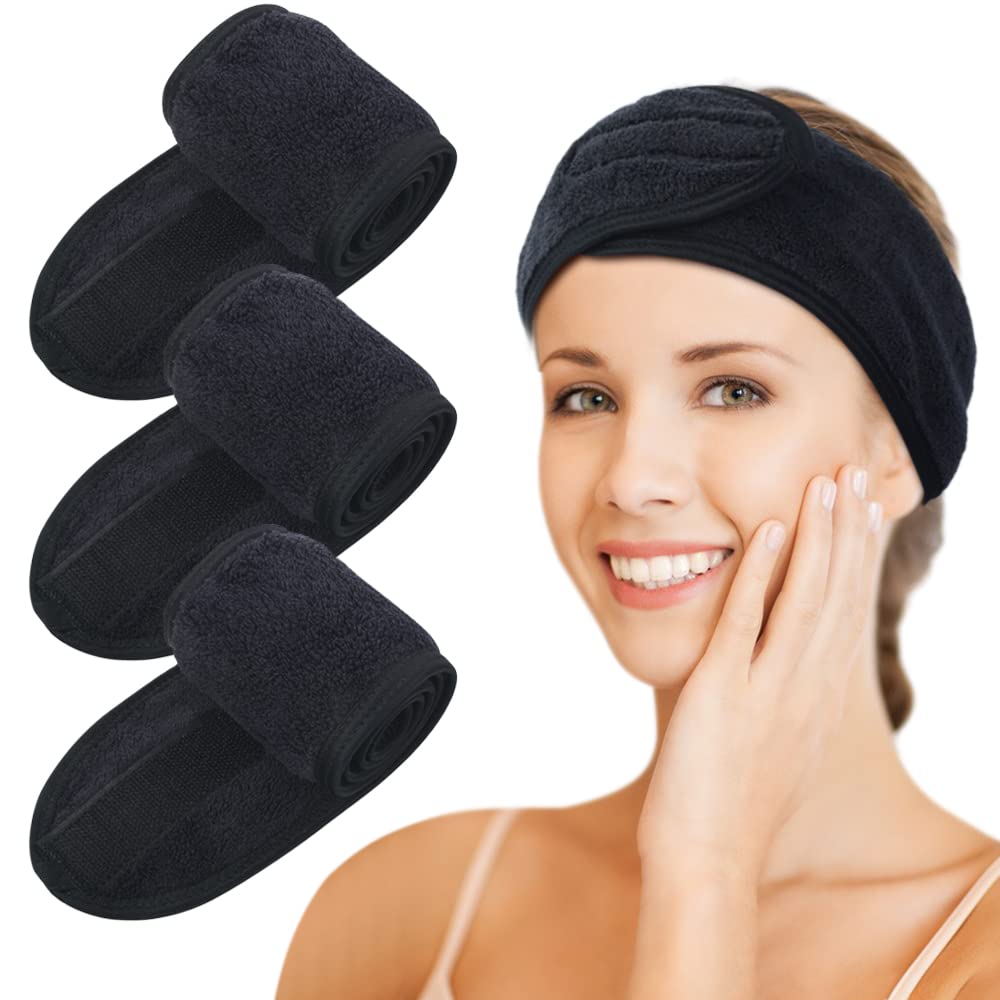KinHwa 3 Pack Spa Facial Headband Makeup Hair Band Women Skincare Adjustable Microfibre Headband for Washing Face Sports Yoga Black