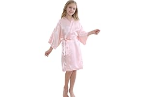 SEALINF Girls Silky Robe Kids Solid Color Kimono Sleeping Gown Bathrobe for Spa Birthday Parties Wedding Getting Ready (Light pink, Tag 10)