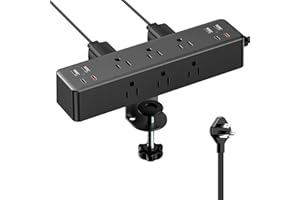 ACOZVIN Flat Plug Desk Clamp Power Strip 10FT, 40W Total Fast Charging Station, Dual PD 20W USB C Ports, Desk Edge Mount Power Strip 9 AC Outlets 8 USB Ports(4 USB C) Surge Protector, Fit 1.7" Tabletop Edge
