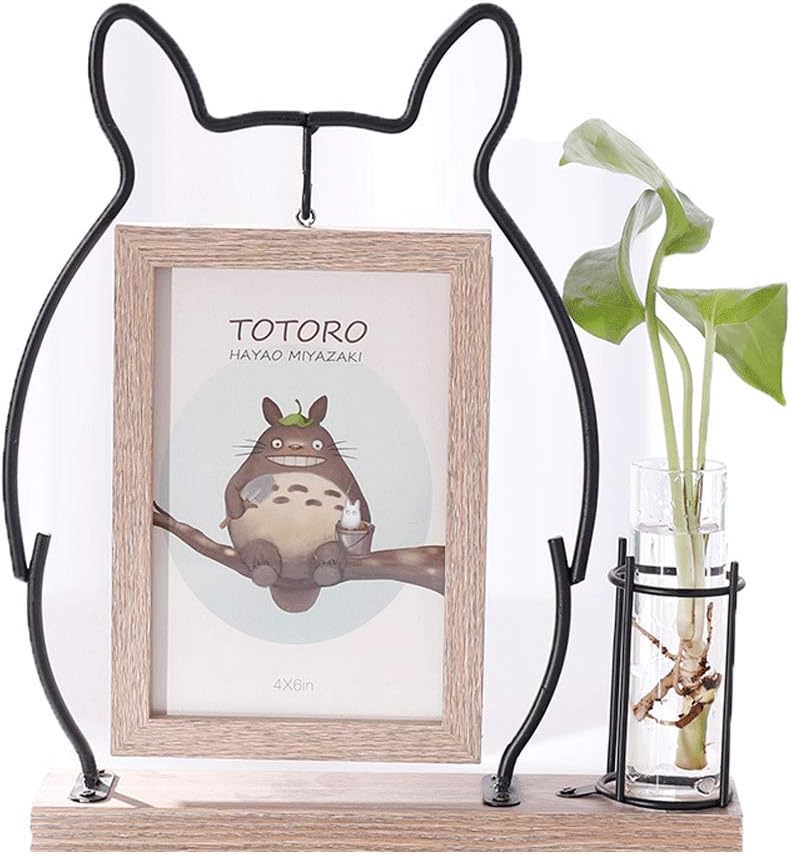 4x6 Inch Totoro A Creative Nordic Iron Rectangle Picture Frame with Glass Vase Wooden Edge Double-Sided Photo Frame Simple Personality Desktop Decoration Display Desk Table Dresser Friend Family