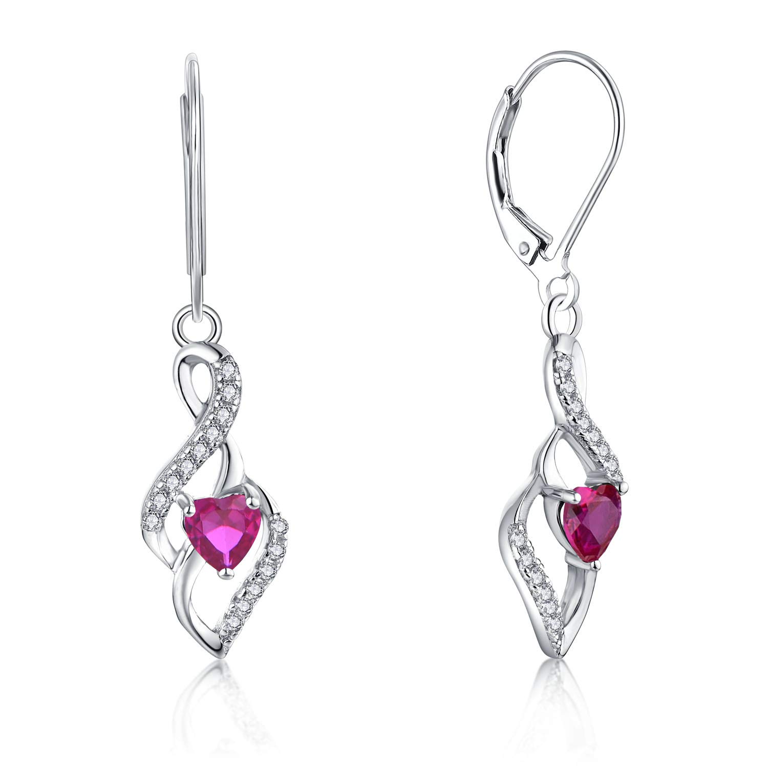 JO WISDOM Women Earrings,925 Sterling Silver Infinity Leverback Dangle & Drop Earrings with 3A 4 * 4mm Heart-cut Cubic Zirconia July Birthstone Ruby Color