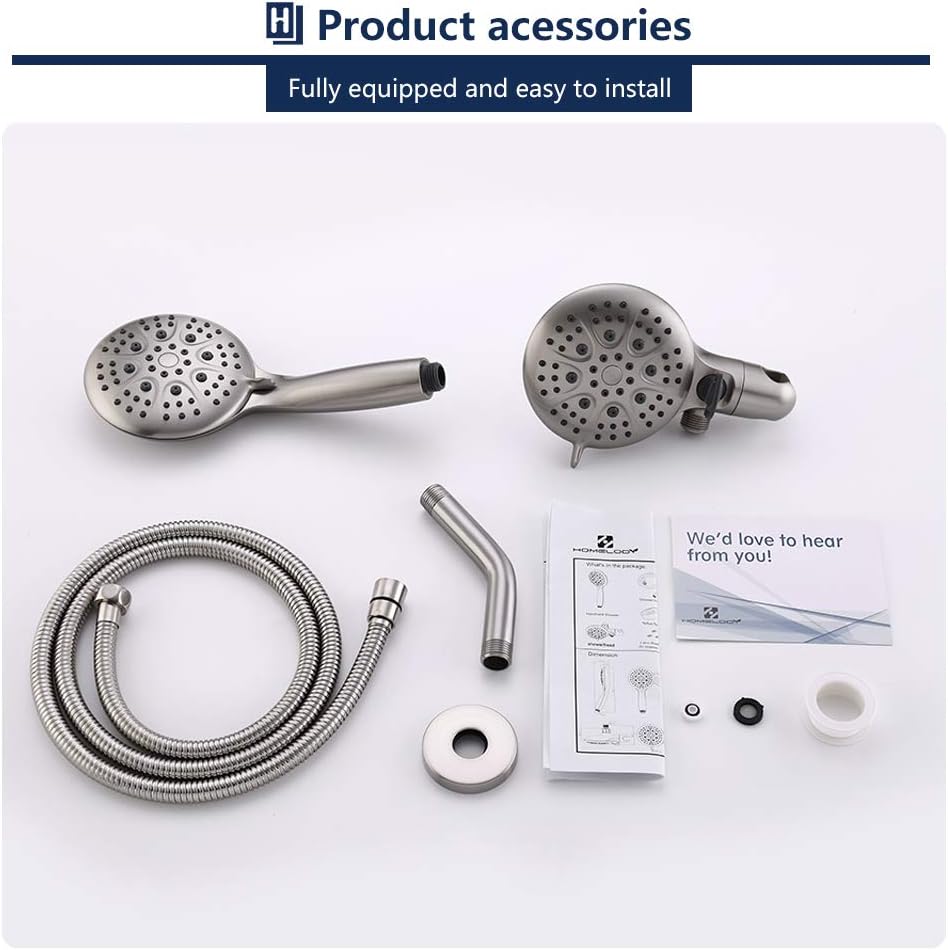 Homelody 5" High Pressure Shower Head and Handheld Shower, Brushed Nickel Dual Shower System 6-Settings Unique 3-Way Water Diverter with Stainless Steel Hose - - 