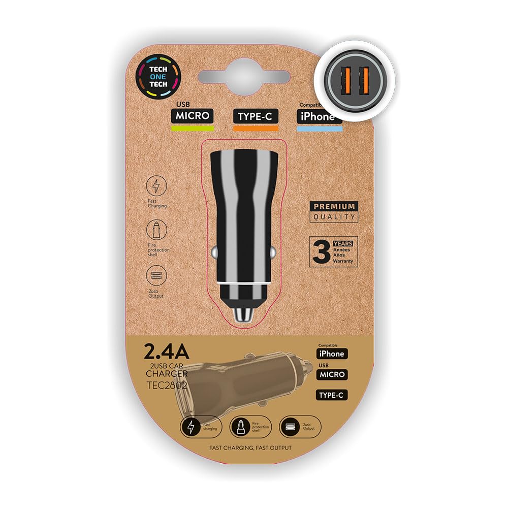 Charger Tech One Tech 2.4 Car Cigarette Lighter Dual for iPhone/USB Micro/Type-C Black