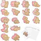 OT-NVWOZR 16pc Animal Cookie Cutters with Plunger Stamps Set, 3D Mini Cookie Stamp with 100pcs Self Sealing Cellophane Bags, Plastic Cracker Cutter Biscuit Cutters for Baking Molds Kids (pink-A)