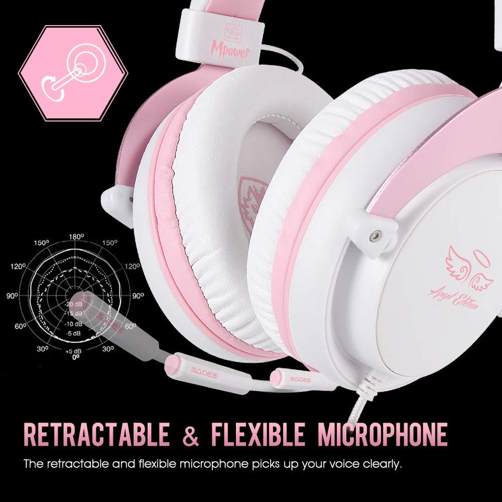 SADES MPOWER Stereo Gaming Headset for PS4, PC, Mobile, Noise Cancelling Over Ear Headphones with Retractable and Flexible Mic & Soft Memory Earmuffs for Laptop Nintendo Switch Games-Angel Edition