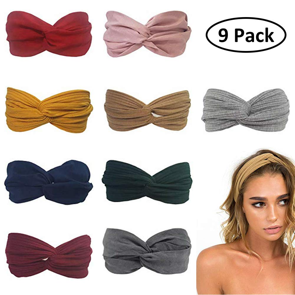 Beach Headbands for Women, 9 Pack Women's Boho Headbands for Women Girls Wide Bohemian Knotted Yoga Headband Head Wrap Hair Band Elastic Hair Band Accessories for girl(A) : Beauty