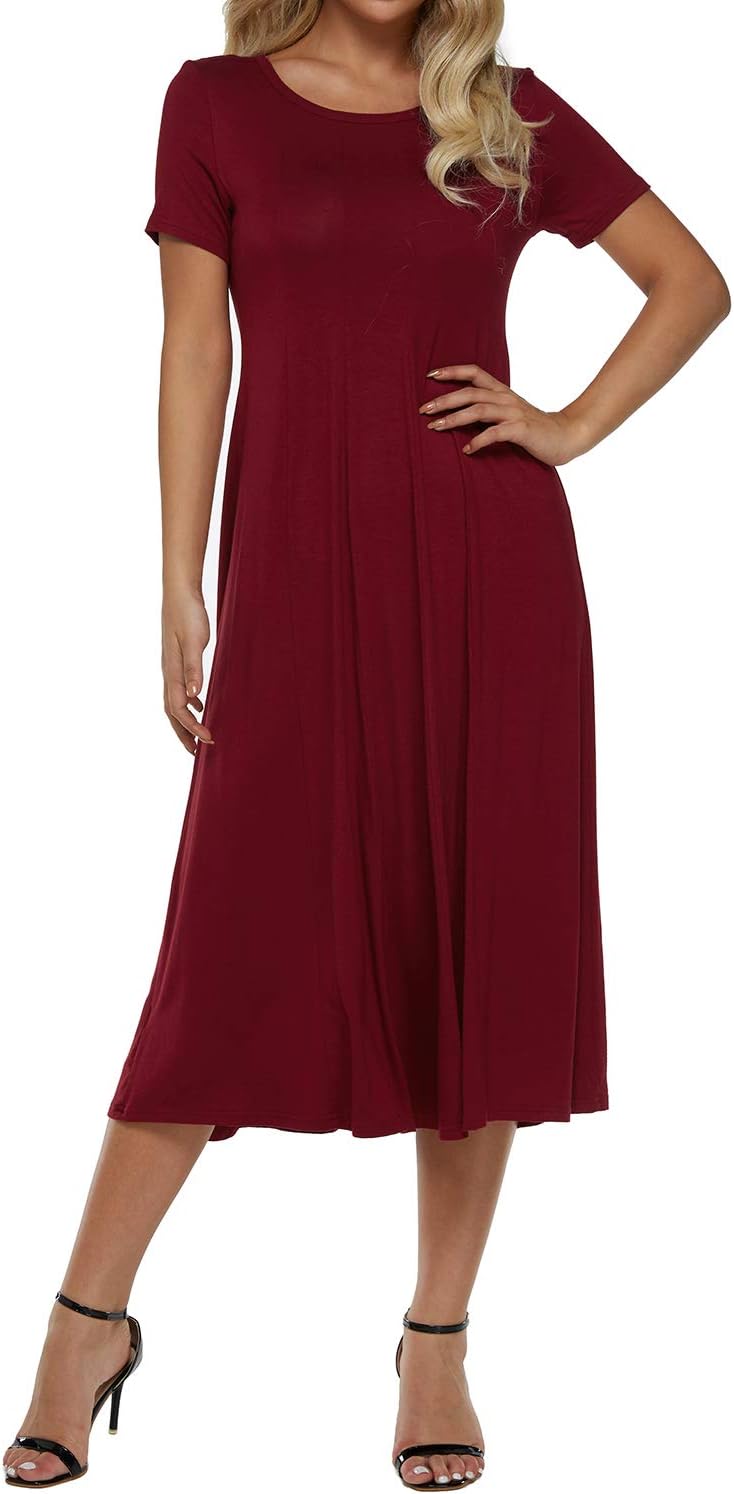 Zanzea Women Plain Dress Short Sleeve Aline High Waist Casual Solid Basic Swing Midi Dresses Cocktail