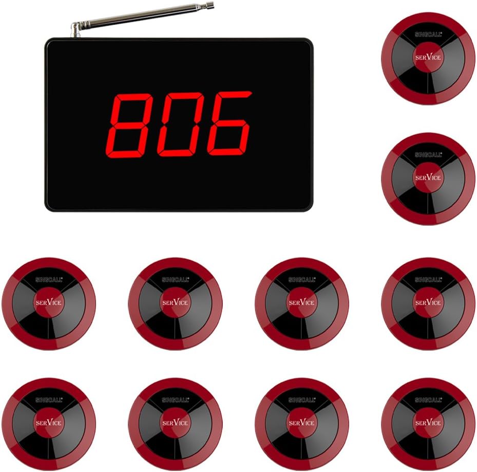 SINGCALLWireless Waiter Calling System, for Restaurant Cafe Hotel Golf Club Bar Internet Cafe Factory Office,Pack of 10 Pagers and 1 Receiver