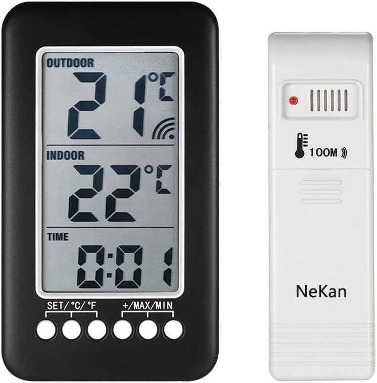 NeKan LCD Digital Wireless Indoor Outdoor Thermometer Clock Temperature Meter With Transmitter Refrigerator Thermometer for Home Comfort