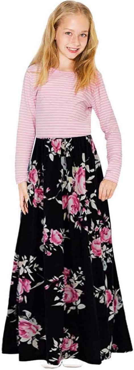 Girls Maxi Dress Kids Casual Striped Floral Long Sleeve Dresses with Pockets(6-12yrs)