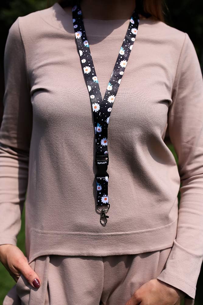 SpiriuS Breakaway Lanyard neck strap for women for id card badge holder with metal clip 2cmx43cm (daisies flowers black) - Image 3
