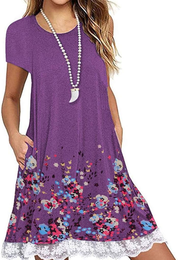 Sumeimiya Lace Dress for Women, Ladies Solid Sleeveless O Neck Dress Casual Loose Dress with Pocket