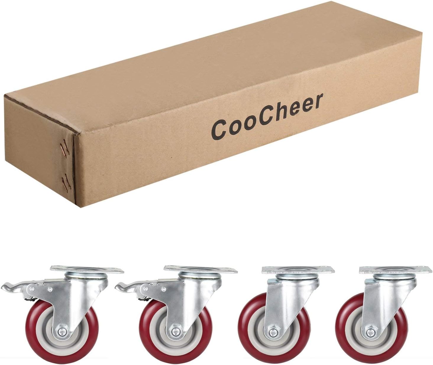 Coocheer 4’’ Swivel Caster Wheels 1200lbs With Top Plate & Bearing Heavy Duty On Red Polyurethane Wheels Set of 4 (2 Swivel Without Brake, 2 Swivel with Brakes): Industrial & Scientific
