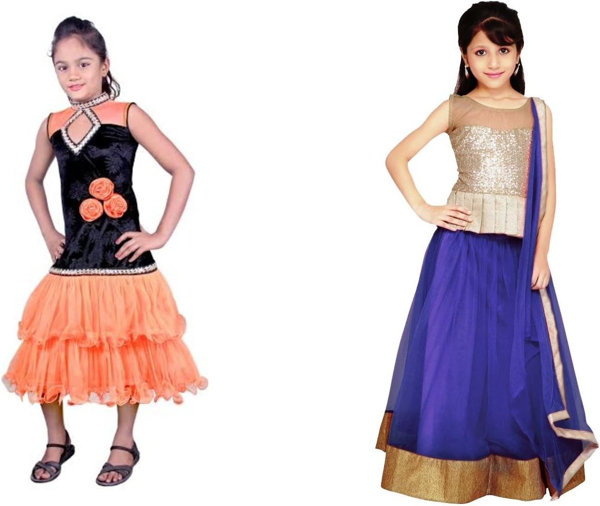 gorgeous fashion Big Girls' Gorgeous Designer Net Kids Lehenga Choli Free Size Blue And Orange