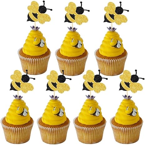 Amazon Com Sakolla Glitter Bumble Bee Cupcake Toppers 24pcs