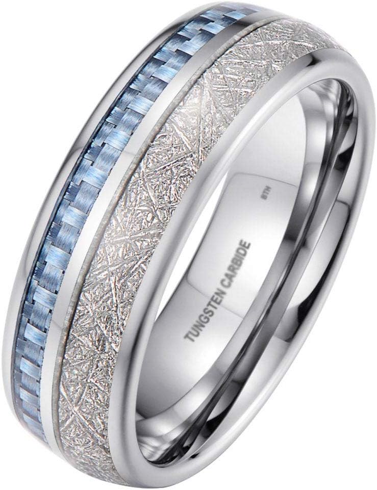 BestToHave-Mens/Unisex Tungsten Band Ring with Blue Carbon Fibre & Meteorite Inlay-8mm