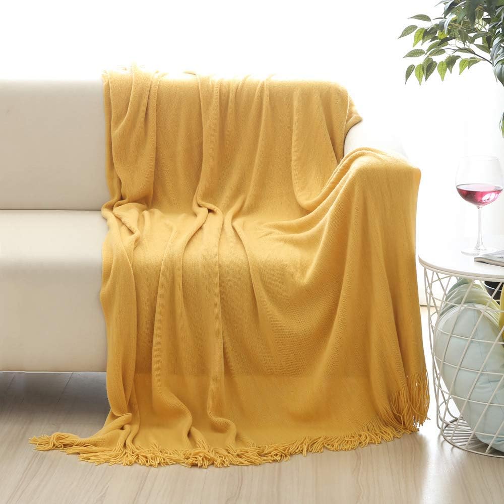 ALPHA HOME 127 x 152cm Warm Cozy Soft Throw Blanket for Chairs and Sofas or Bed Beach With Tassel - Gold Machine Washable