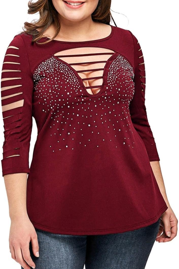 Highpot Plus Size Women Sexy V Neck Cut Out T Shirt Ladder Shredding Tops Blouse