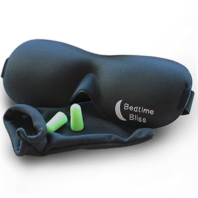 Sleep Mask by Bedtime Bliss - Contoured &amp; Comfortable With Moldex Ear Plug Set. Includes Carry Pouch for Eye Mask and Ear Plugs - Great for Travel, Shift Work &amp; Meditation (Black)