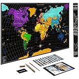 World Map w/Scratch Off Ink by VespucciWorld (36x24" Glossy Laminated) Beautiful Wall Poster to Show Off Your Travel Destinations - Unique Accessories Set & 54 Must-See Place Ebook (Black)
