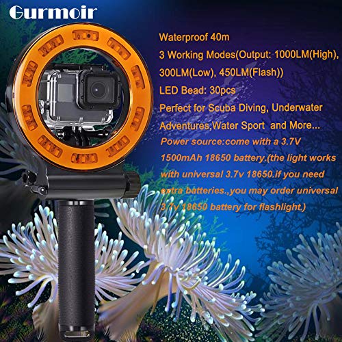 Gurmoir Waterproof Diving Light 40m Dive Underwater 1000 Lumen LED Flash Ring Light for GoPro Hero 7/Hero 6/5/HERO(2018)/5S/4/4S/3+ SJCAM YI and More Action Camera Scuba Diving(with Battery) - Thumbnail 5