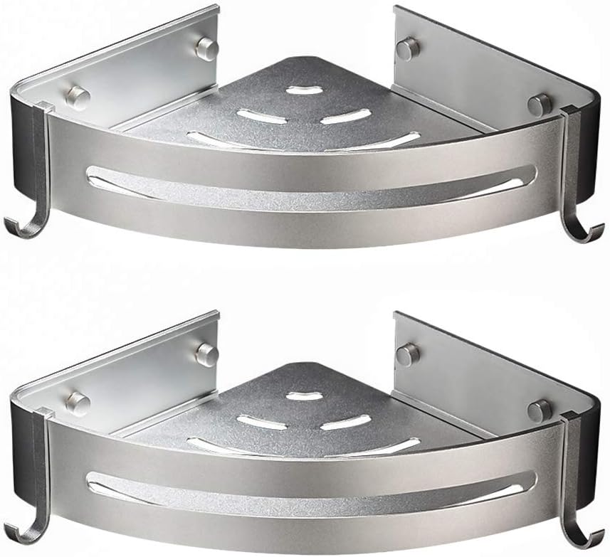 AK KYC Shower Corner Shelf Shower Caddy Wall Mounted Aluminum Bathroom Shelves-Strong Adhesive (No Drilling) in 2 Pack with 4 Removable Hooks Rustproof Aluminum Basket Organizer Hanging Storage-Silver: Home Improvement