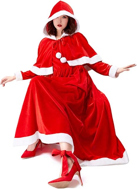 Amazon サンタ クリスマス コスプレ 衣装 コスチューム 着ぐるみ パジャマ ルームウェア ロング ワンピース 長袖 女性 レディース 可愛い ケープ パーティー カーニバル イベント 大人用 赤 緑 レッド S コスプレ 仮装 通販