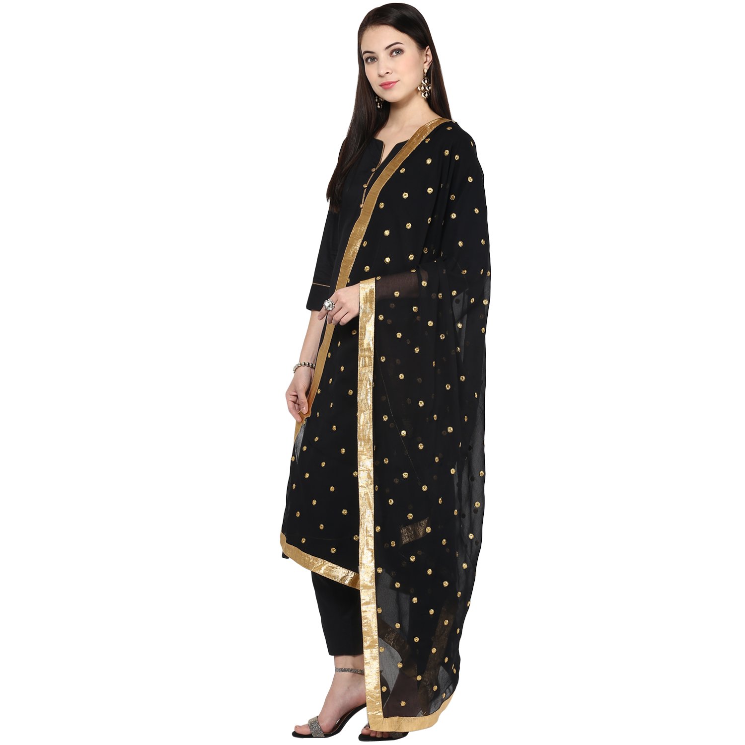 dupatta bazaar women's chiffon gold embroidered black dupatta