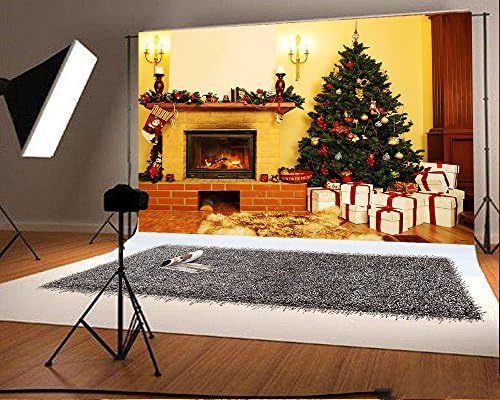7x5ft Winter Indoor Photography Background Yellow Lights Photo Sutio White Gift Box Brick Fireplace Christmas Backdrops For Photography