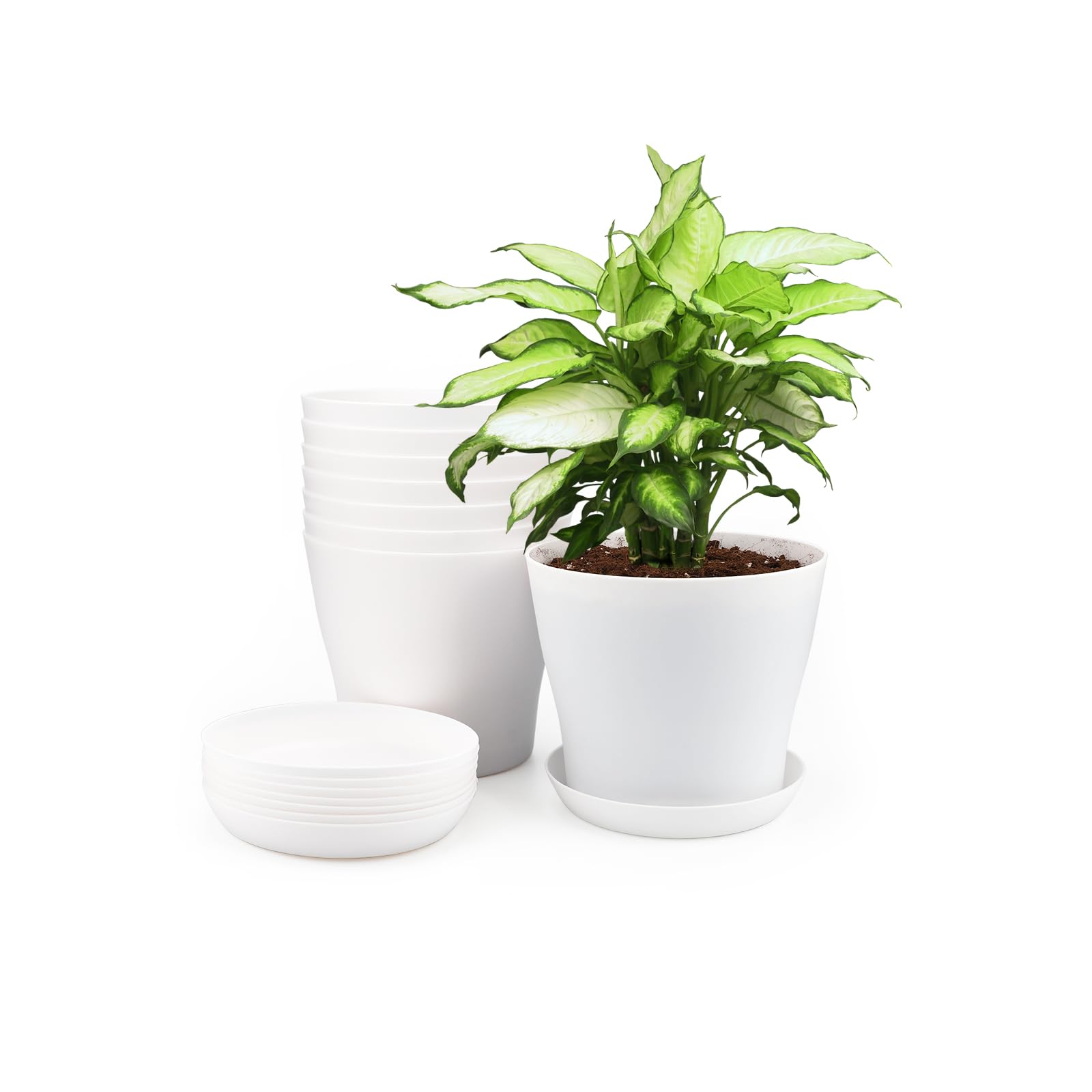 KINGLAKE 8Pcs 5.5" White Plastic Plant Pots Indoor Flower Pots with Pallet/Trays for Office House