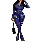 Uni Clau Women’s Sexy 2 Piece Set Floral Print See Through Mesh Long Sleeve Crew Neck Tops and Long Pants Sets Matching Set
