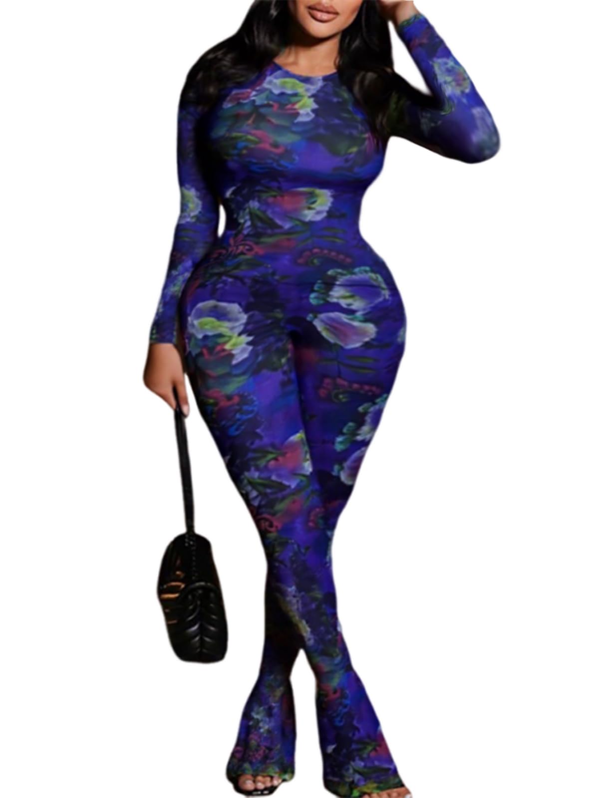 Photo 1 of Uni Clau Women’s Sexy 2 Piece Set Floral Print See Through Mesh Long Sleeve Crew Neck Tops and Long Pants Sets Matching Set