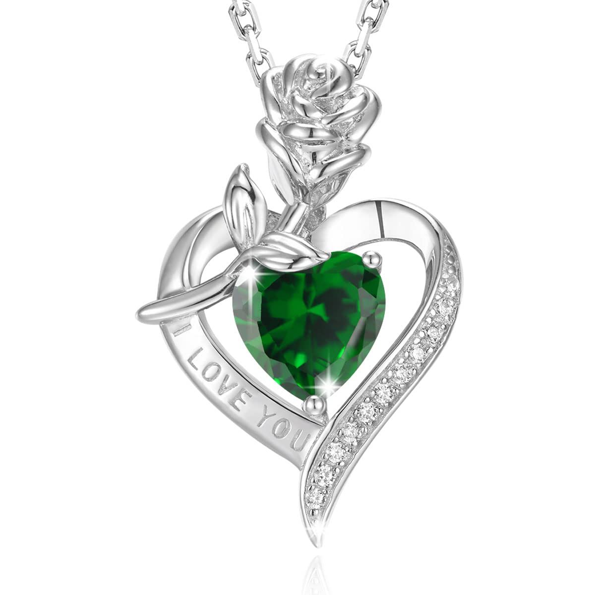 GEMLANTO May Birthstone Necklaces 925 Sterling Silver Emerald Necklace Heart Green Gemstone Rose Birthday Anniversary Jewellery Gifts For Women Girls