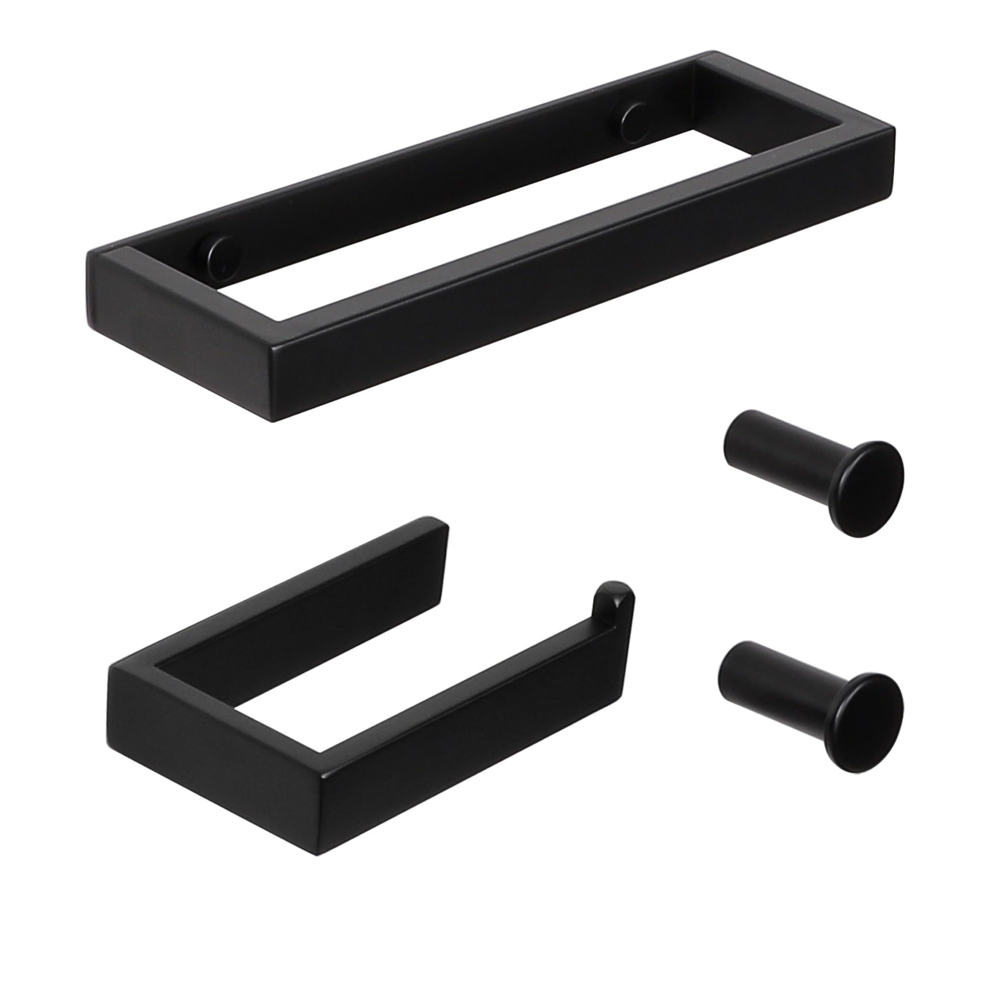 SAYAYO 4-Piece Black Bathroom Accessory Set 15CM Toilet Roll Holder Wall Mounted, 20CM Towel Rail Hand Towel Holder and 2Pcs Coat Hooks for Hanging, SUS304 Stainless Steel