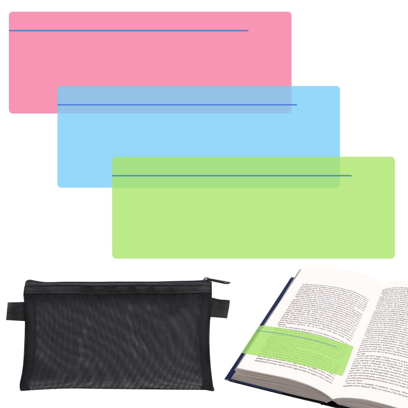 Dyslexia Overlays, 3pcs Coloured Overlays Blue Green Pink Reading Ruler with Highlight Strips for Reading Trouble, with 1pcs Storage Bag