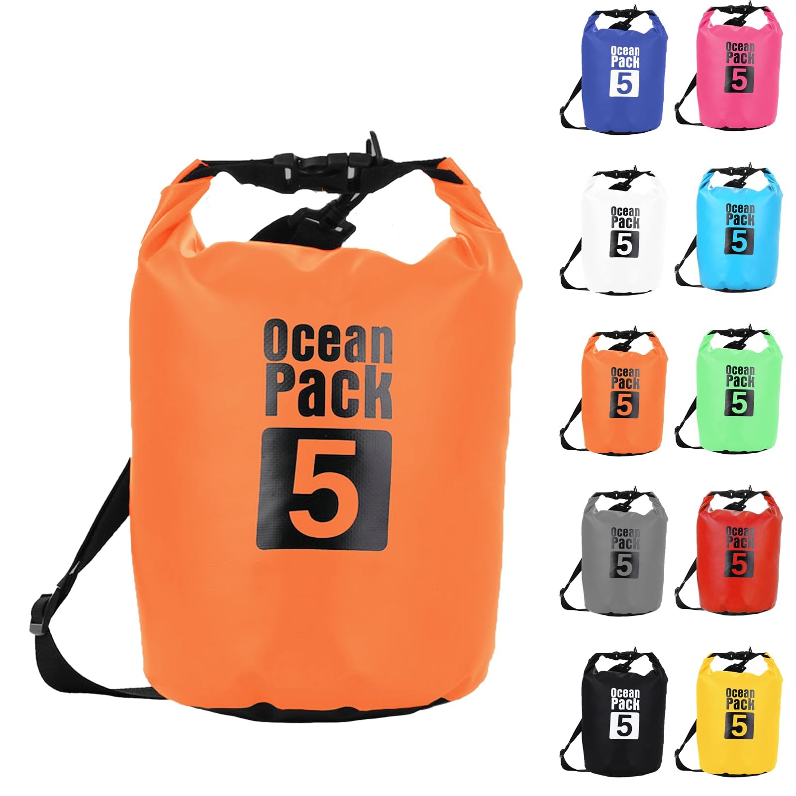 Dry Bag 5L, Boat Dry Bags Orange Waterproof Bag Dry Sack Roll Top Long Adjustable Shoulder Strap 2L/5L/10L/20L/30L/40L for Drifting Boating Kayaking Fishing Rafting Swimming Camping Canoeing Surfing