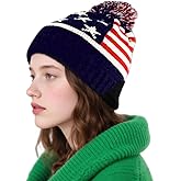 PENINSULA LOVE Adult American Flag Cuffed Beanie Hat Cable Knitted Warm Winter Beanie Thermal Slouchy Hat with Pompom