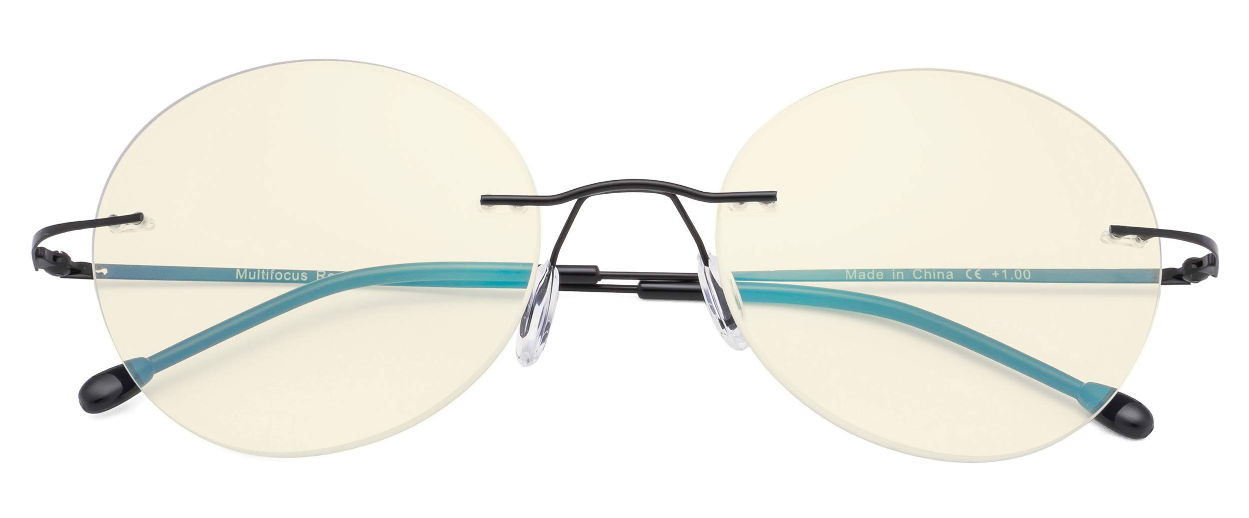 CessBlu Rimless Progressive Reading Eyeglasses Round Multifocus Readers Blue Light Blocking Women (Black) +2.0