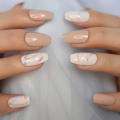 Ballerina French Manicure Full Cover Coffin Nails – 24 Short Beige Transparent Press-Ons With Glue